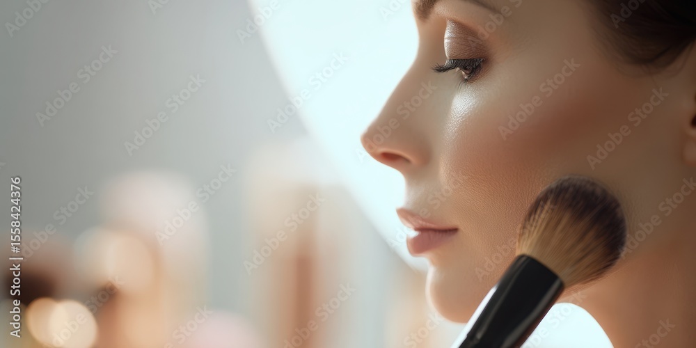 The woman applying makeup with a brush for a flawless appearance. The woman applying makeup with a brush for a flawless appearance.