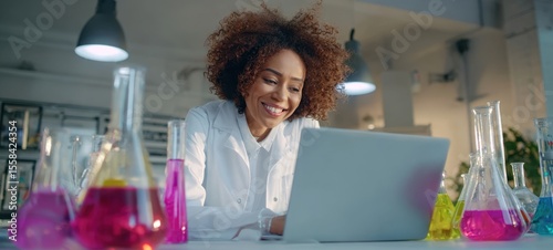 The scientist happily analyzing data on her laptop in a colorful laboratory setting.