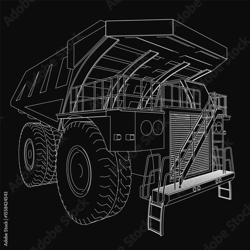 A large black and white dump truck stands out against a dark background, featuring detailed wheels, a prominent cab, and rugged construction. The high-contrast illustration emphasizes the vehicle's.