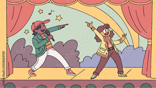 Two people on a stage with a rainbow background performing with a microphone and pointing their fingers