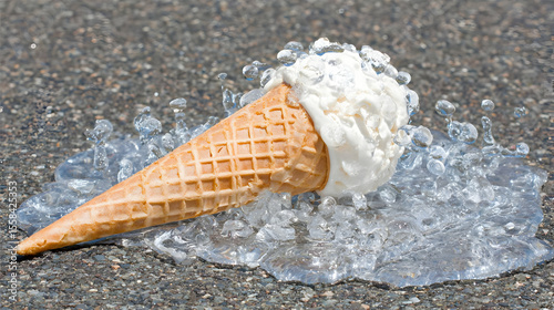 cone dropped on dry asphalt melting under harsh midday light