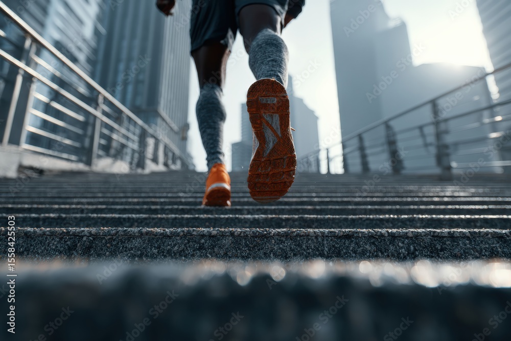 Close up of an athlete's orange shoes as he runs up the steps in a city setting, showcasing determination and urban fitness Close up of an athlete's orange shoes as he runs up the steps in a city setting, showcasing determination and urban fitness