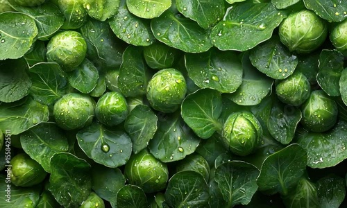 Top view of green brussels sprouts surrounded by leafy greens, with visible dew drops, highlighting freshness, texture, and organic vegetable appeal.

