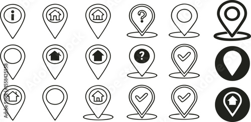 Set of Location Pin Icons with Information Home Question Mark Check Mark Symbols