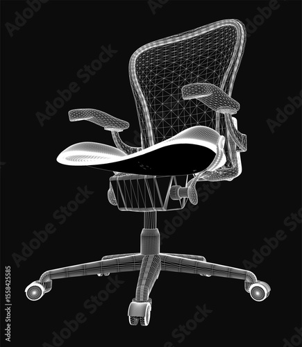 The image shows a 3D model of a chair on a black background. The chair has a sleek, modern design with a curved backrest and armrests, and a mesh seat and backrest for comfort.
