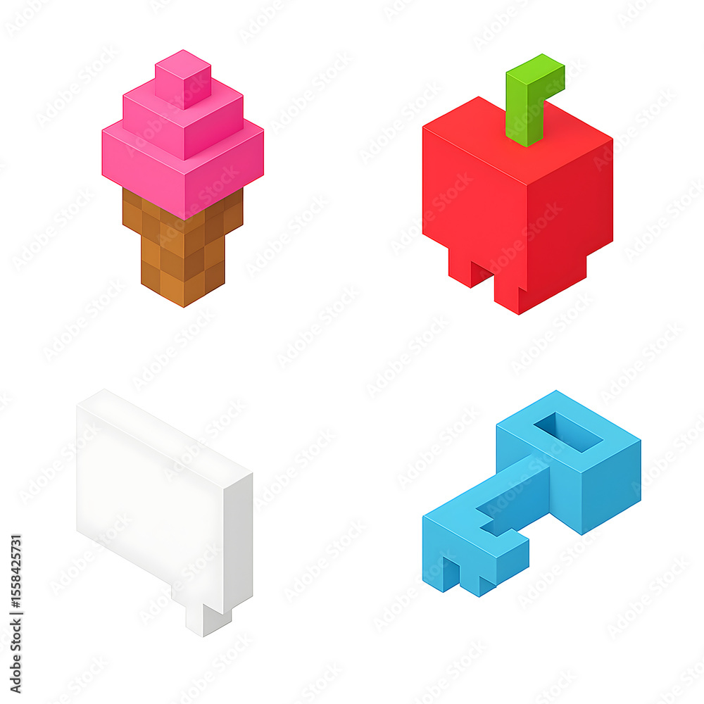 Obraz premium Pixel Art Food and Communication Icons Set: Ice Cream, Apple, Speech Bubble, and Key