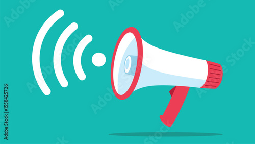 Megaphone vector graphic. Megaphone with white and red color, with signal icon. Flat design style illustration. Communication, warning, online connection.