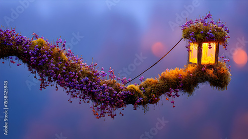 hanging on a crooked branch in a misty forest during twilight