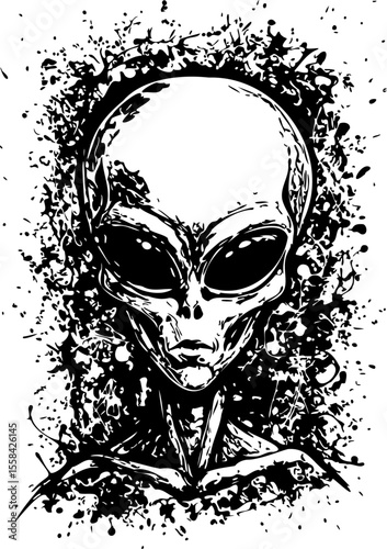 Grungy alien head illustration with ink splatters, black and white extraterrestrial portrait, hand drawn sci-fi creature art for t-shirt design