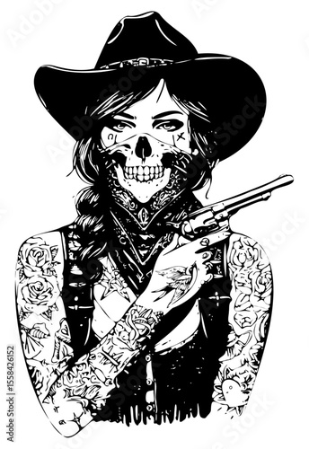 Gothic cowgirl with skull face mask holding revolver, outlaw woman with tattoos and cowboy hat, black and white vector illustration for t-shirt design