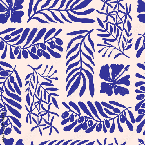 Amalfi floral hand-drawn seamless pattern with leaves, flowers and branches. Retro vibes in naive Mediterranean style. Perfect for fabric, kitchen decor, wrapping, and summer design.