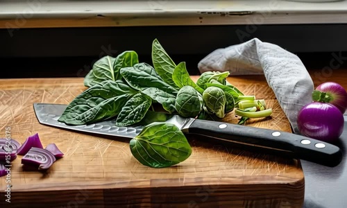 Fresh brussels sprouts with green leaves placed on a wooden cutting board next to a kitchen knife, ready for preparation in a rustic cooking setting.
