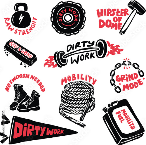Set of vintage gym illustrations featuring raw workout tools and typography for hardcore strength and training design