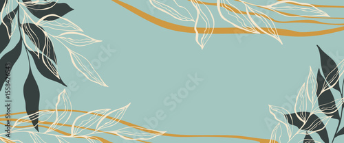Abstract universal botanical background, horizontal banner on blue pastel color. Template for invitations, congratulations, greetings.