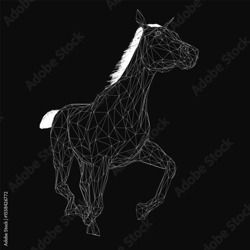 A black and white polygonal horse galloping dynamically on a dark background, composed of sharp geometric lines and angular shapes. The abstract design creates a striking, modern aesthetic