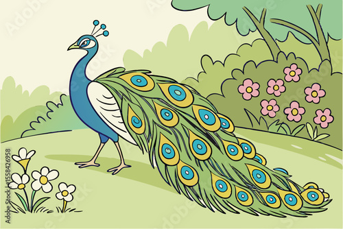  Peacock with Feathers Displayed Illustration


