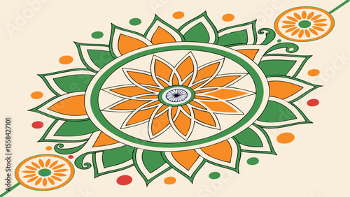 Illustration of a rakhi with orange and green floral design and central indian flag symbol on cream background