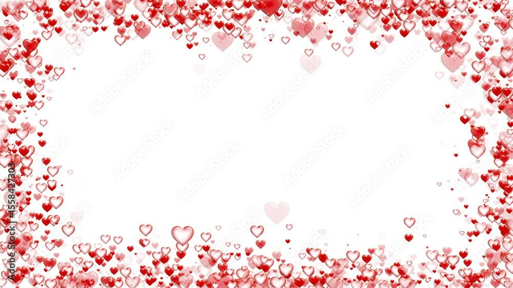 Red pink hearts creating border white background for Valentine's day. particles floating frame romantic theme love, passion, background. valentines day abstract pink background with pink heart falling