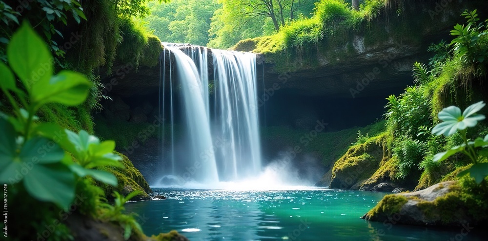 Fototapeta premium Tranquil Waterfall Oasis Lush Greenery Thriving Under Cascading Water, Irrigation, Nature, Serenity, Vibrant Plants