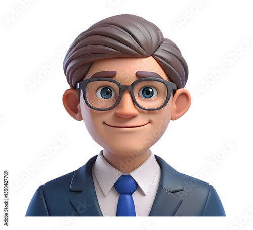 3D Cartoon Businessman Character with Glasses and Suit Smiling Isolated