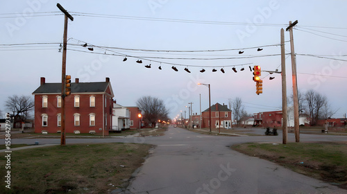 dangling from power lines over a deserted city intersection at dusk