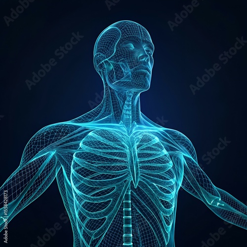 High-tech 3D render of the diaphragm muscle in a luminous wireframe holographic style, showing detailed scanning and anatomical structure with digital particle effects.