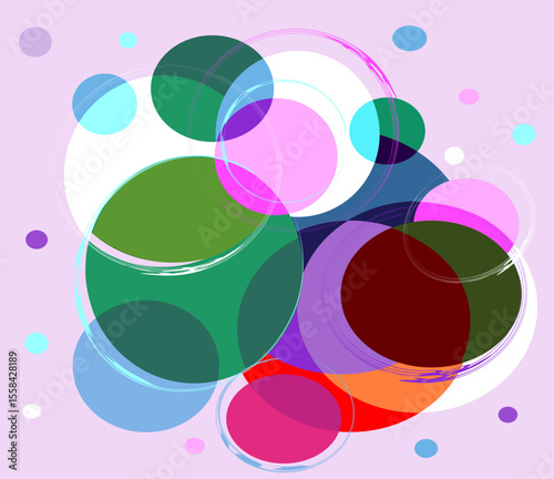 A collage of overlapping circles in various sizes and colors creates a vibrant, abstract composition. The use of transparency and layering gives depth to the overall design.
