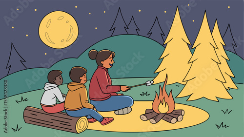 Illustration of family roasting marshmallows over campfire under a full moon with trees in the background