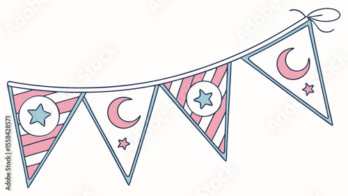 Illustration of a string of triangular pennant flags with stars and moons in pink and blue colors