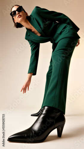 Confident Woman in Stylish Green Suit and Sunglasses Posing with Unique Angle. extreme low angle
