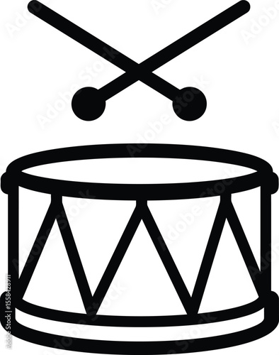 A simple line drawing of a snare drum with drumsticks crossed above it.