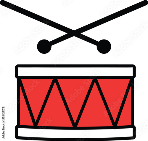 Simple graphic of a red drum with crossed drumsticks above it.