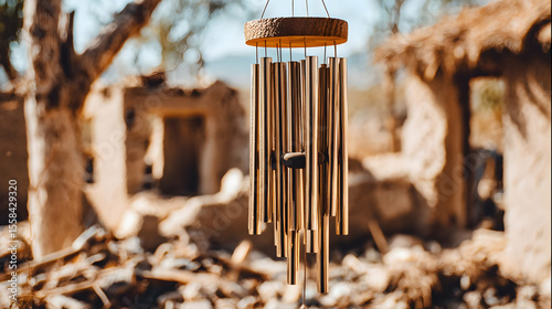 chime swinging in an empty courtyard surrounded by shadowy walls and debris