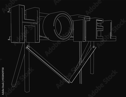 A classic black and white hotel sign stands prominently against a dark background, featuring bold text and sturdy supports. The timeless design evokes vintage charm and simplicity
