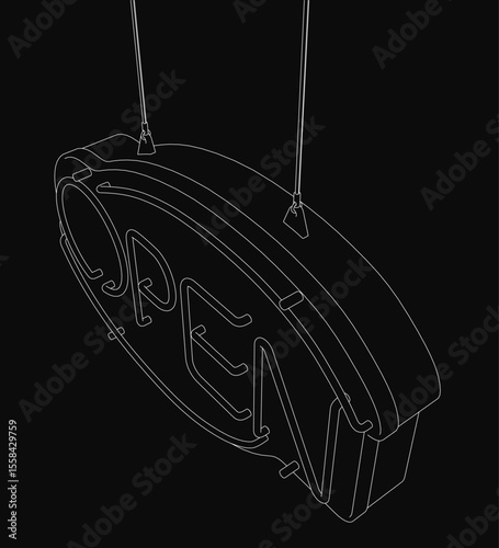 Black and white drawing of an Open sign hanging from the ceiling, suspended by two ropes for a unique and eye-catching look. The bold typography stands out against the simple background