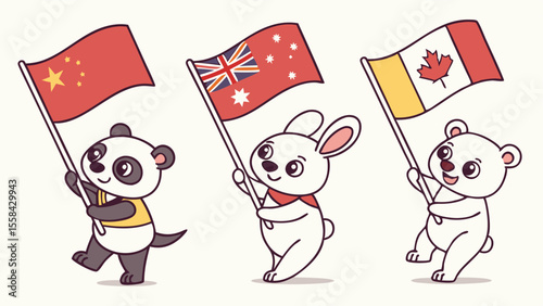 Three cartoon animals holding flags of china australia and canada in a bright and colorful illustration