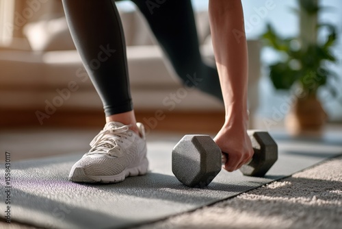 Close up of a fitness enthusiast lifting a dumbbell during a home workout, showcasing dedication to healthy lifestyle