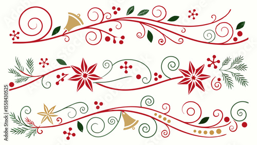 Three decorative christmas borders with bells, poinsettias, berries and swirls in red, green and gold