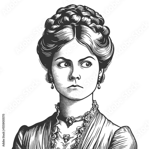 woman with an intense, suspicious side glance in ornate clothing sketch engraving generative ai fictional character vector illustration. Scratch board imitation. Black and white image.