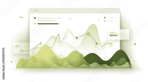 Abstract Green Analytics Dashboard with Layered Mountain Graphs and Minimal UI Elements for Modern Data Visualization Concepts