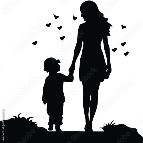 Mother and child walking together with love hearts, silhouette vector design