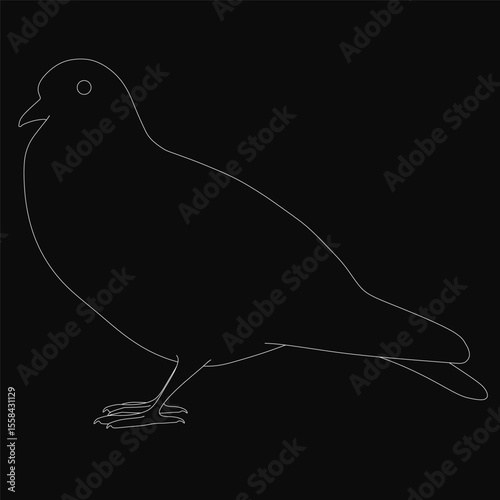 A black and white line art pigeon with spread wings stands on a black background, its head slightly tilted and beak slightly open. The bird's focused gaze appears fixed on something in the distance
