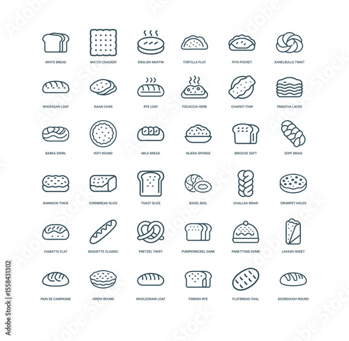 bread baked goods types line icon set