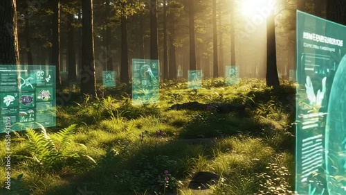 Futuristic forest with holographic displays of nature