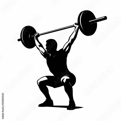 Weightlifter lifts big barbell, abstract isolated vector silhouette. Ink drawing. Fitness