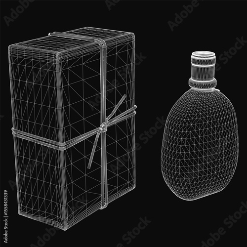 A sleek 3D model of a perfume bottle with a cylindrical shape and front label, paired with a rectangular gift box featuring a top handle. A decorative ribbon tied in a bow adds an elegant touch