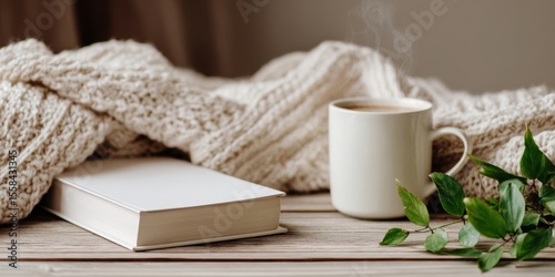 The cozy scene with a book, steaming cup, and soft blanket.