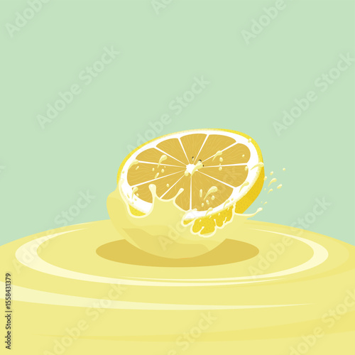 Sliced Lemon Bursting with Juice Creating a Splash Effect in a Stylized Illustration