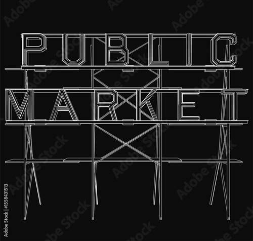 Black and white line art of a public market sign with bold typography, set against a dark textured background for contrast. The simple yet striking design features clean lines and a vintage.