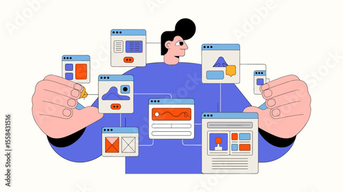 ux designer managing a network of ui components, vector illustration for building a design system, frontend development and user interface architecture